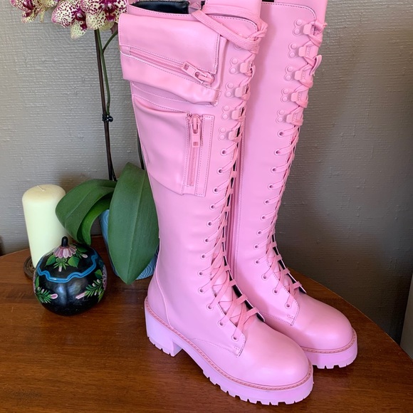 NIB Sugar Thrillz x Dolls Kill Pink Combat Boots - Picture 2 of 8